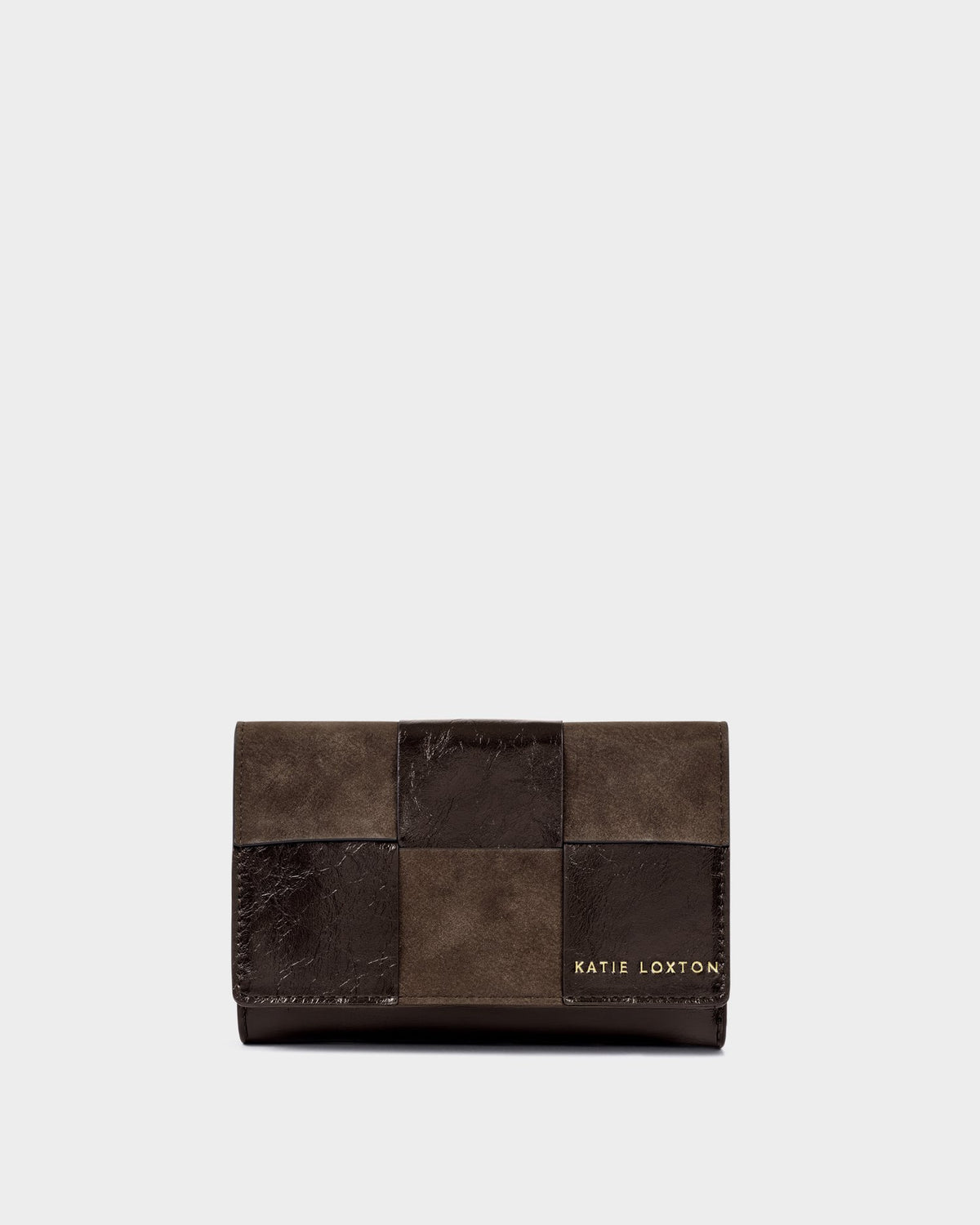 TAYA CHOCOLATE PATENT CRACKLE & SUEDETTE WOVEN LARGE PURSE by Katie Loxton