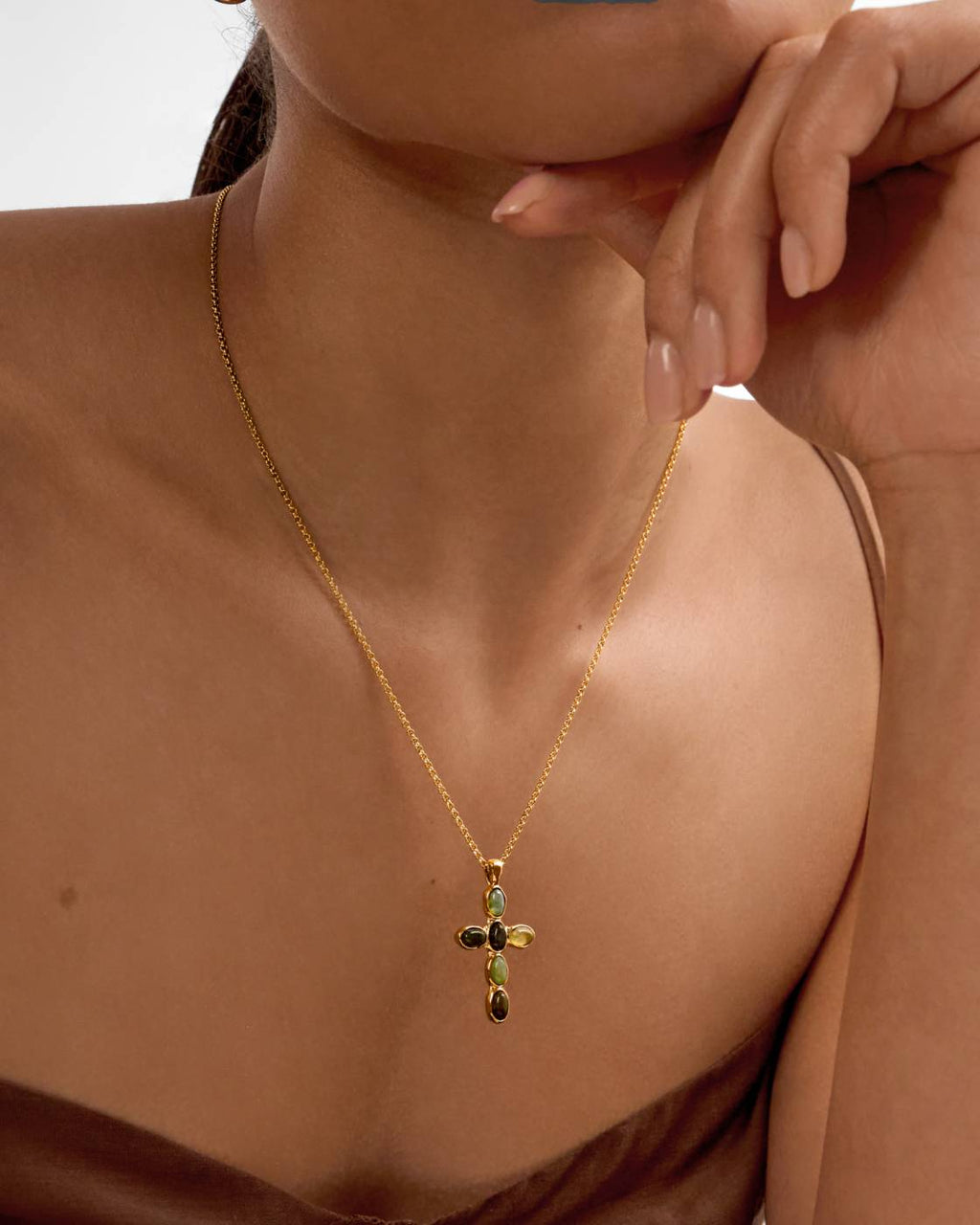 GREEN AGATE CROSS GP NECKLET by KATIE LOXTON
