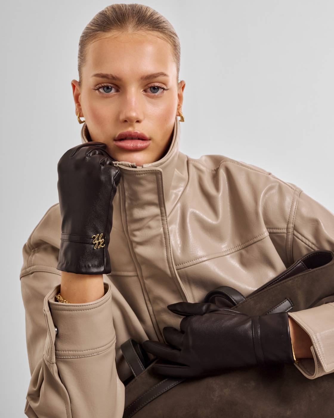 CHOCOLATE BROWN FAUX LEATHER GLOVES BOXED by KATIE LOXTON