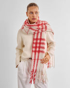 WHITE & RED PLAID STRIPED TASSLE WINTER SCARF