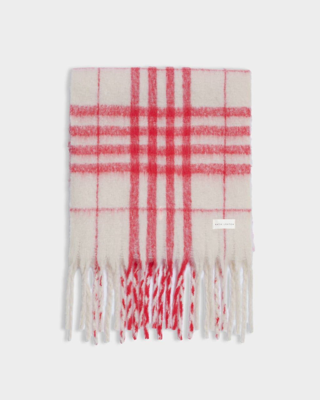 WHITE & RED PLAID STRIPED TASSLE WINTER SCARF