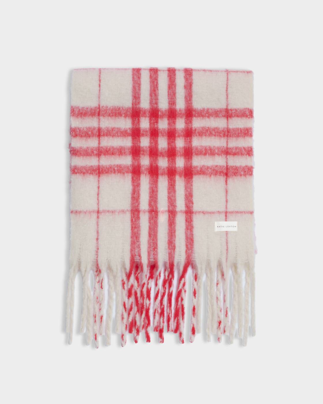 WHITE & RED PLAID STRIPED TASSLE WINTER SCARF