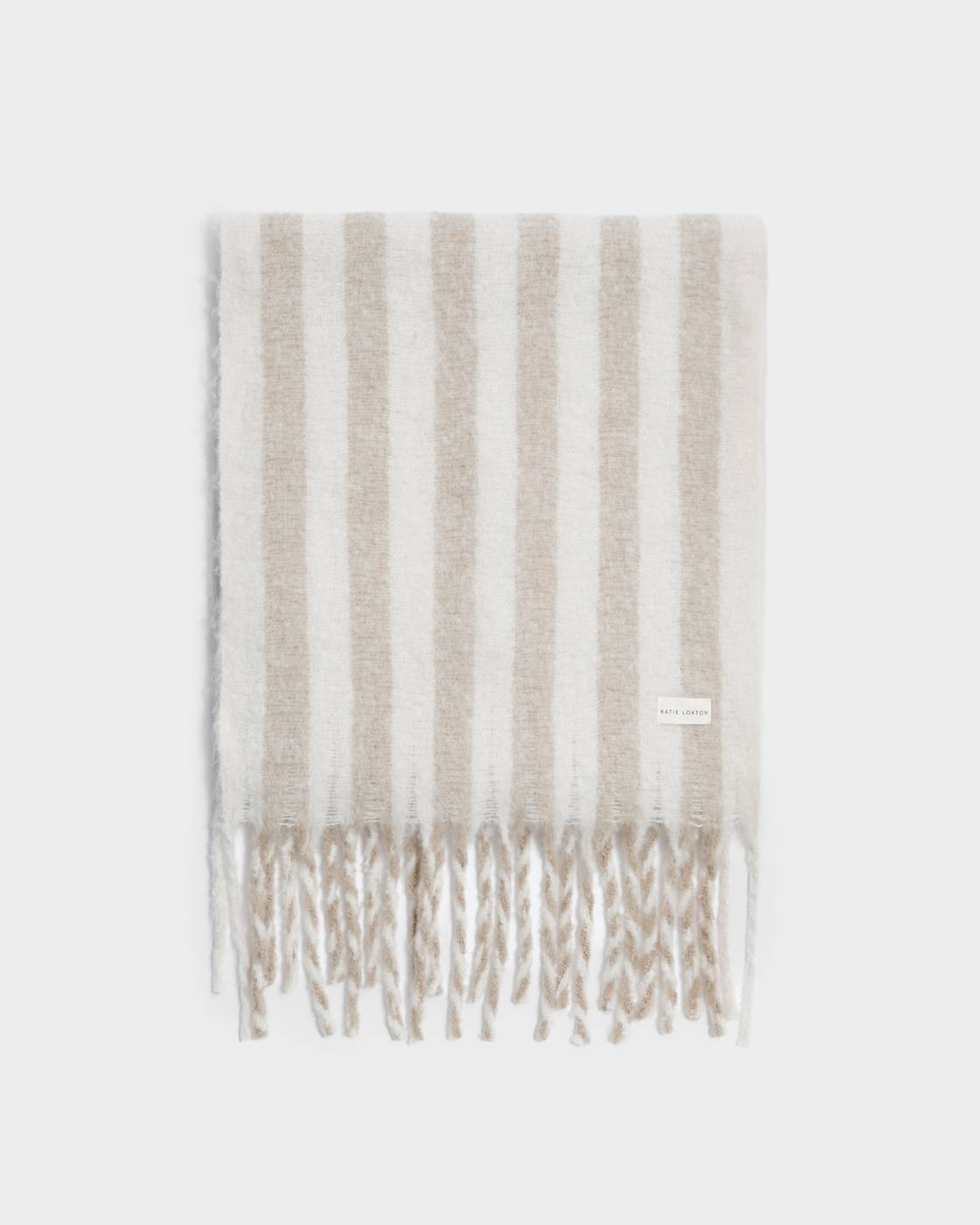 OFF WHITE & SAND STRIPED TASSLE WINTER SCARF