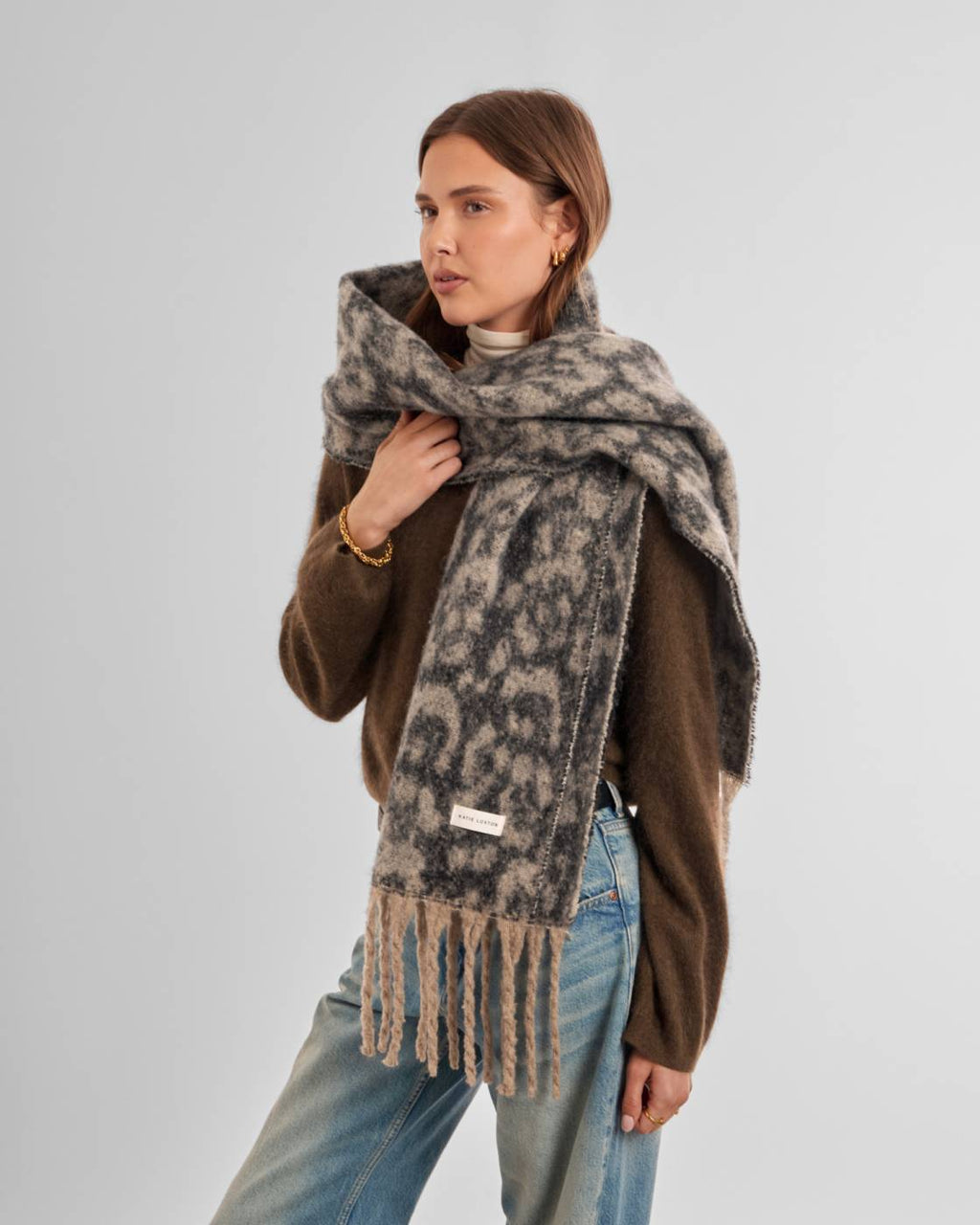 LEOPARD TAUPE & CHOCOLATE TASSLE WINTER SCARF