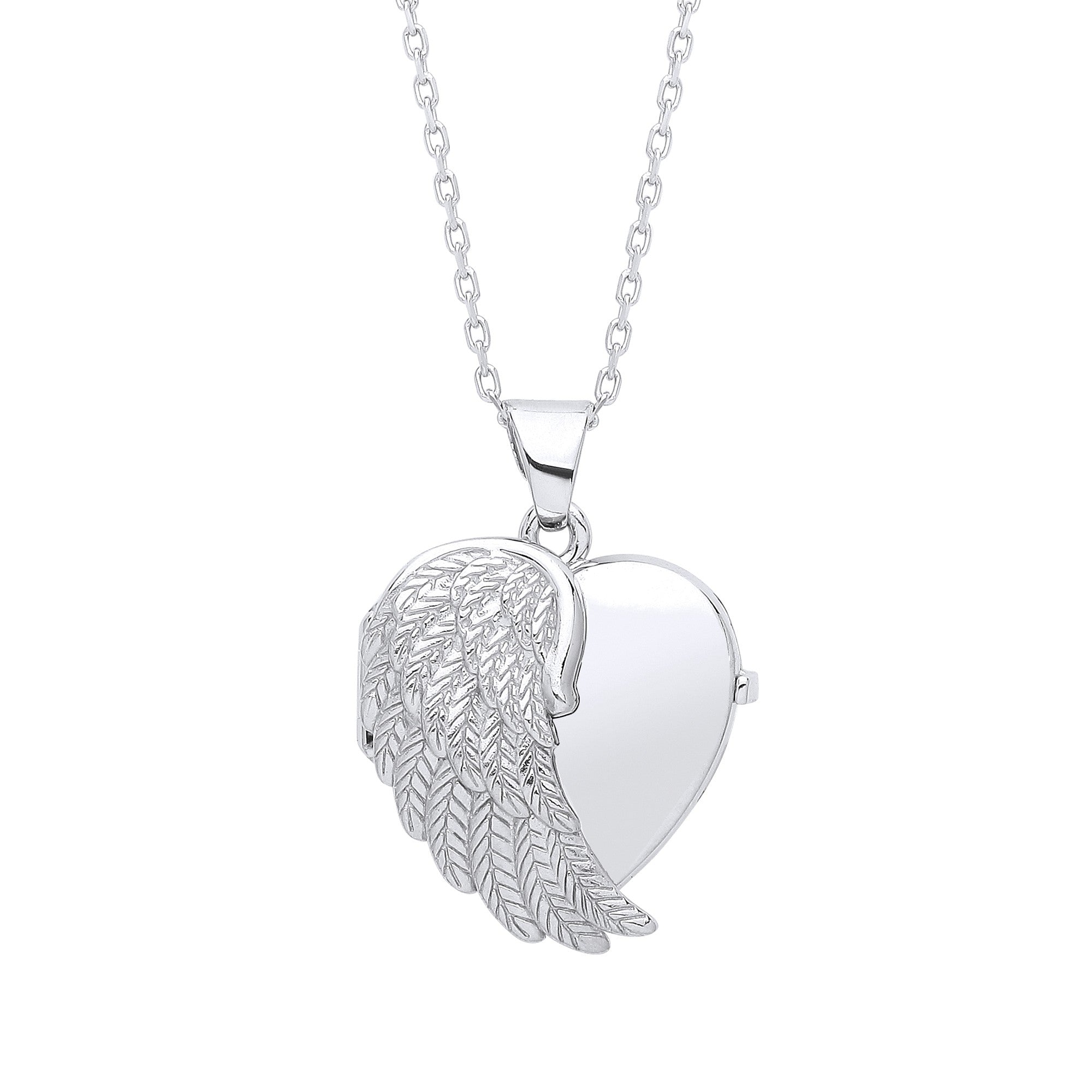 SILV HEART SHAPE ANGEL ONE WING ENGR LOCKET