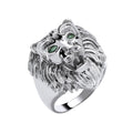 GNTS SILVER LION HEAD GRN CZ EYES RING