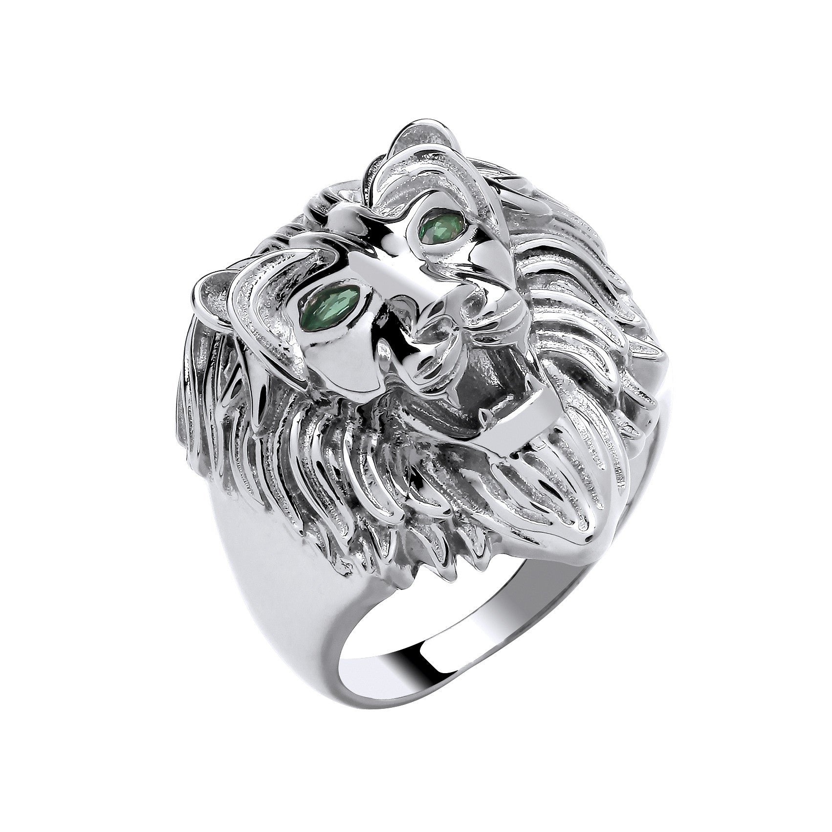 GNTS SILVER LION HEAD GRN CZ EYES RING