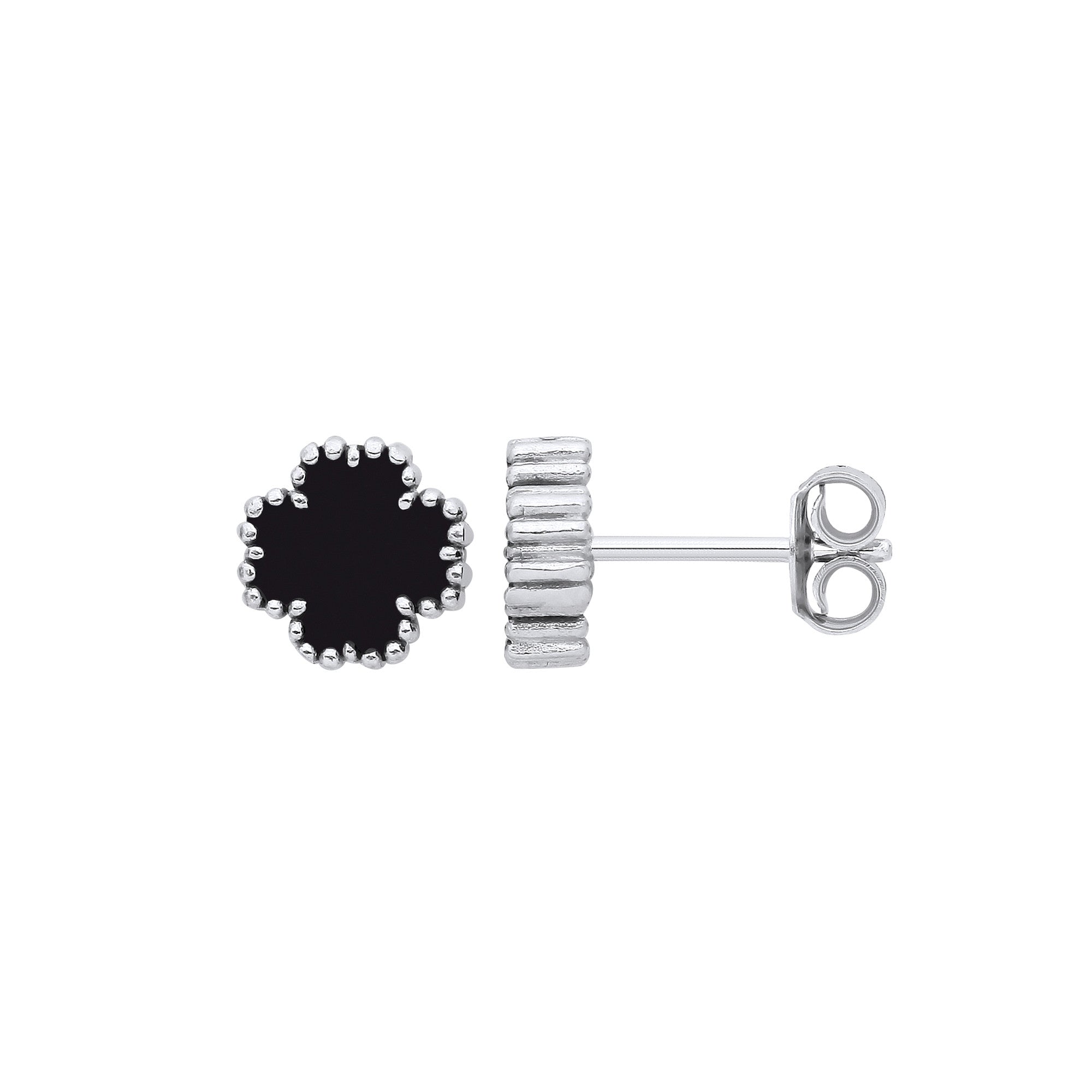 SILVER BLK ENAM 4 LEAF CLOVER STUD EARRINGS