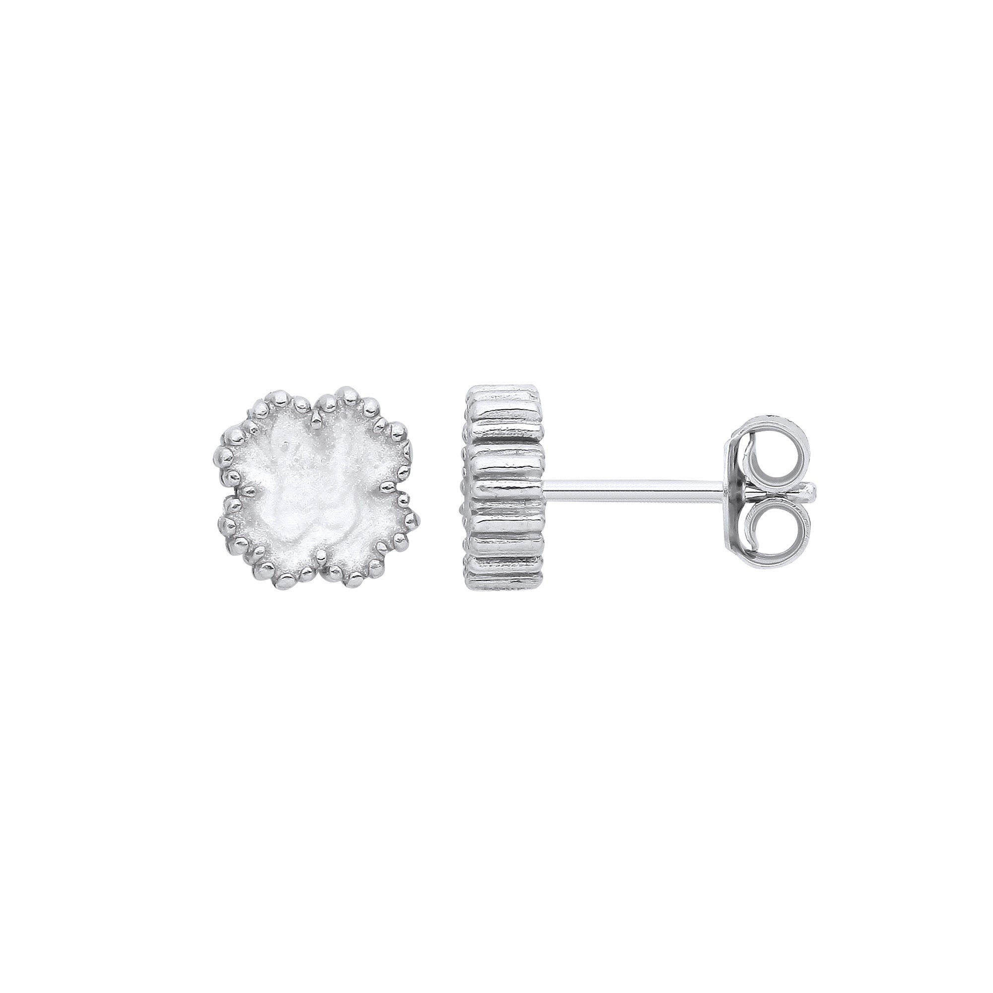 SILVER WHT ENAM 4 LEAF CLOVER STUD EARRINGS