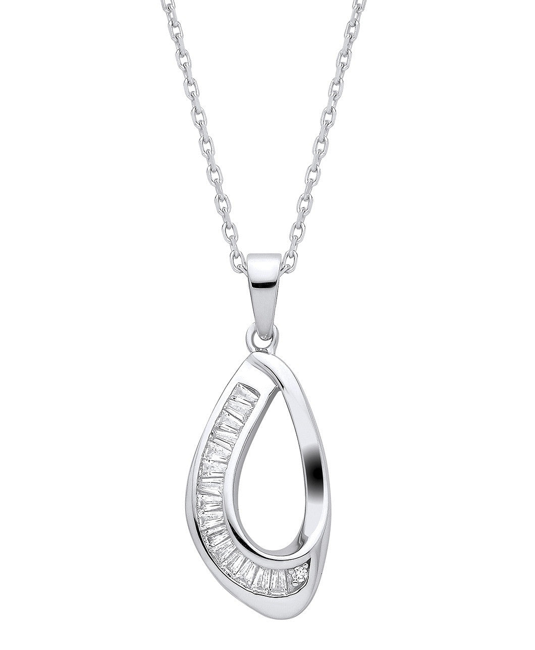 SILVER BAGUETTE CZ OPEN TEAR DROP PENDANT & CHAIN by J Jaz