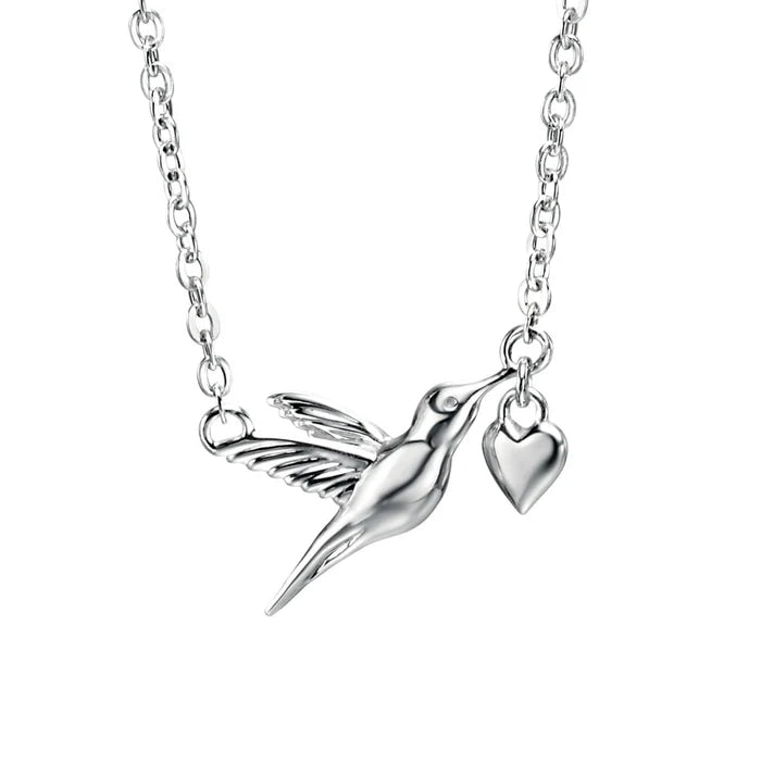 SILVER HUMMINGBIRD & HEART PENDANT & CHAIN.