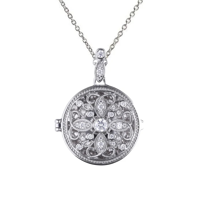 SILVER ZIRC DIAMONFIRE ROUND FILIGREE ORNATE LOCKET PENDANT & CHAIN by DIAMONFIRE
