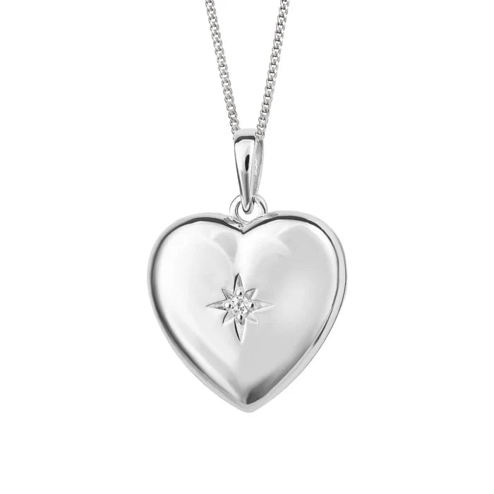 SILVER HEART SHAPE STAR SET CZ LOCKET
