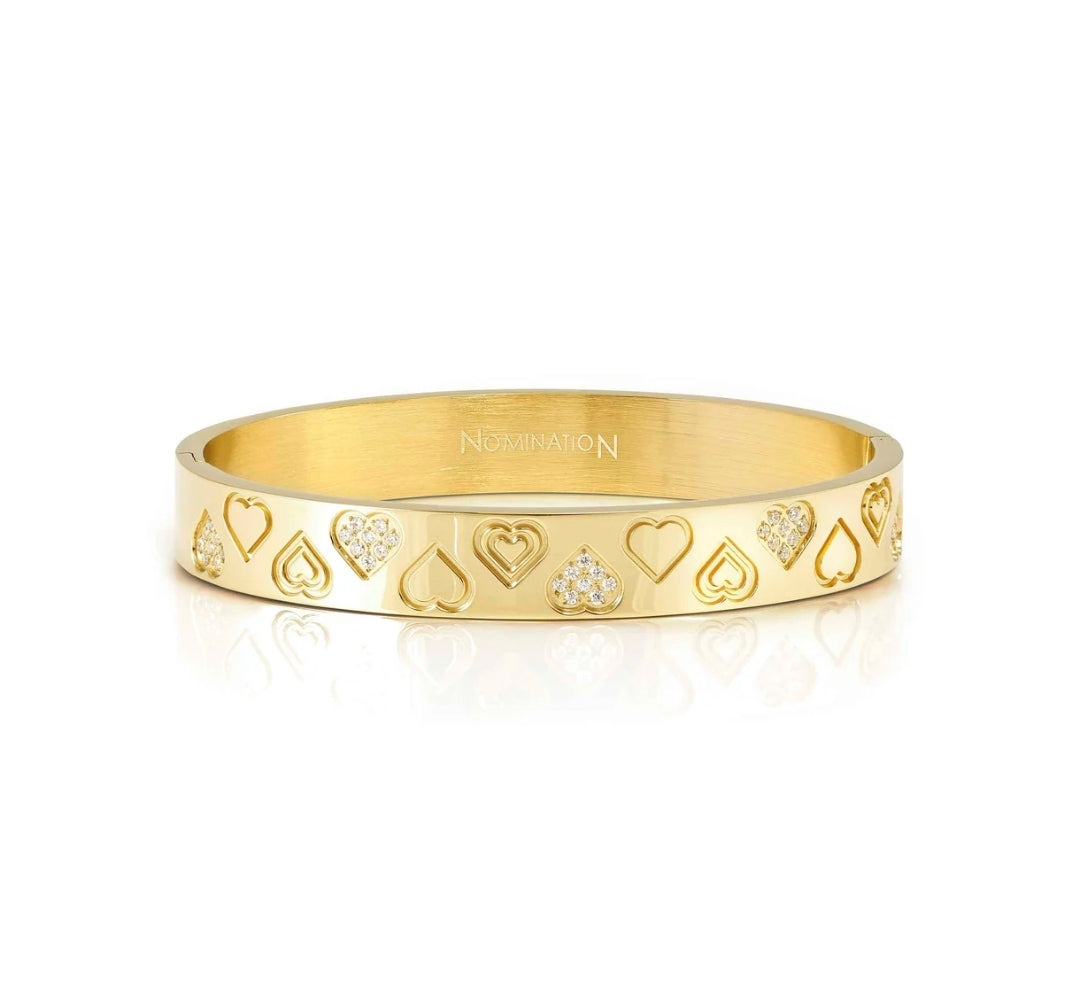 029541/006 NOMINATION WIDE STEEL GOLD TONE WHT CZ HEARTS MEDIUM SIZE PRETTY BANGLE