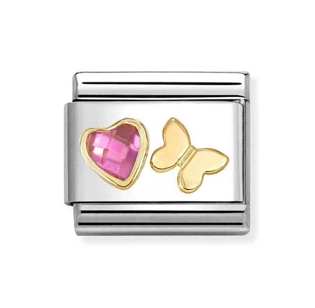 030613/14 NOMINATION DARK PINK CZ HEART & GOLD BUTTERFLY CHARM