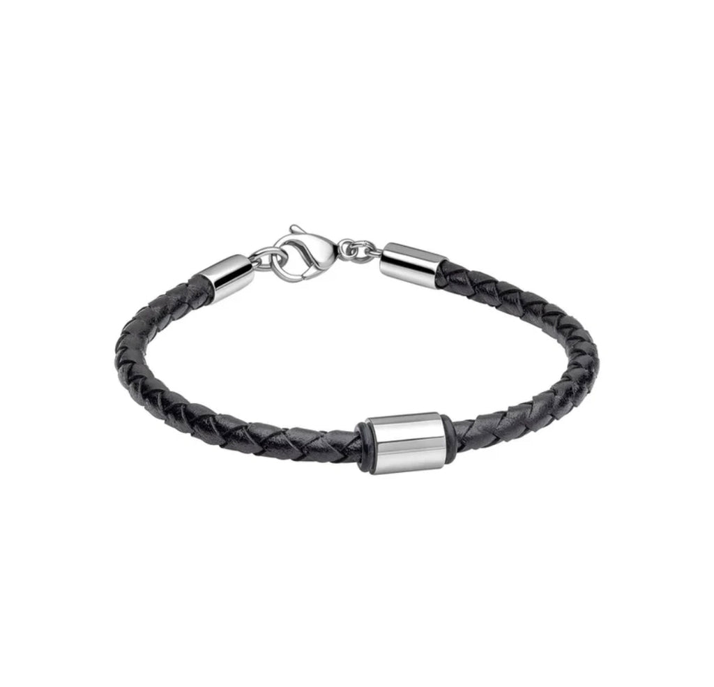 BLACK & SS LEATHER BRACELET SHINY FINISH by FRED BENNETT