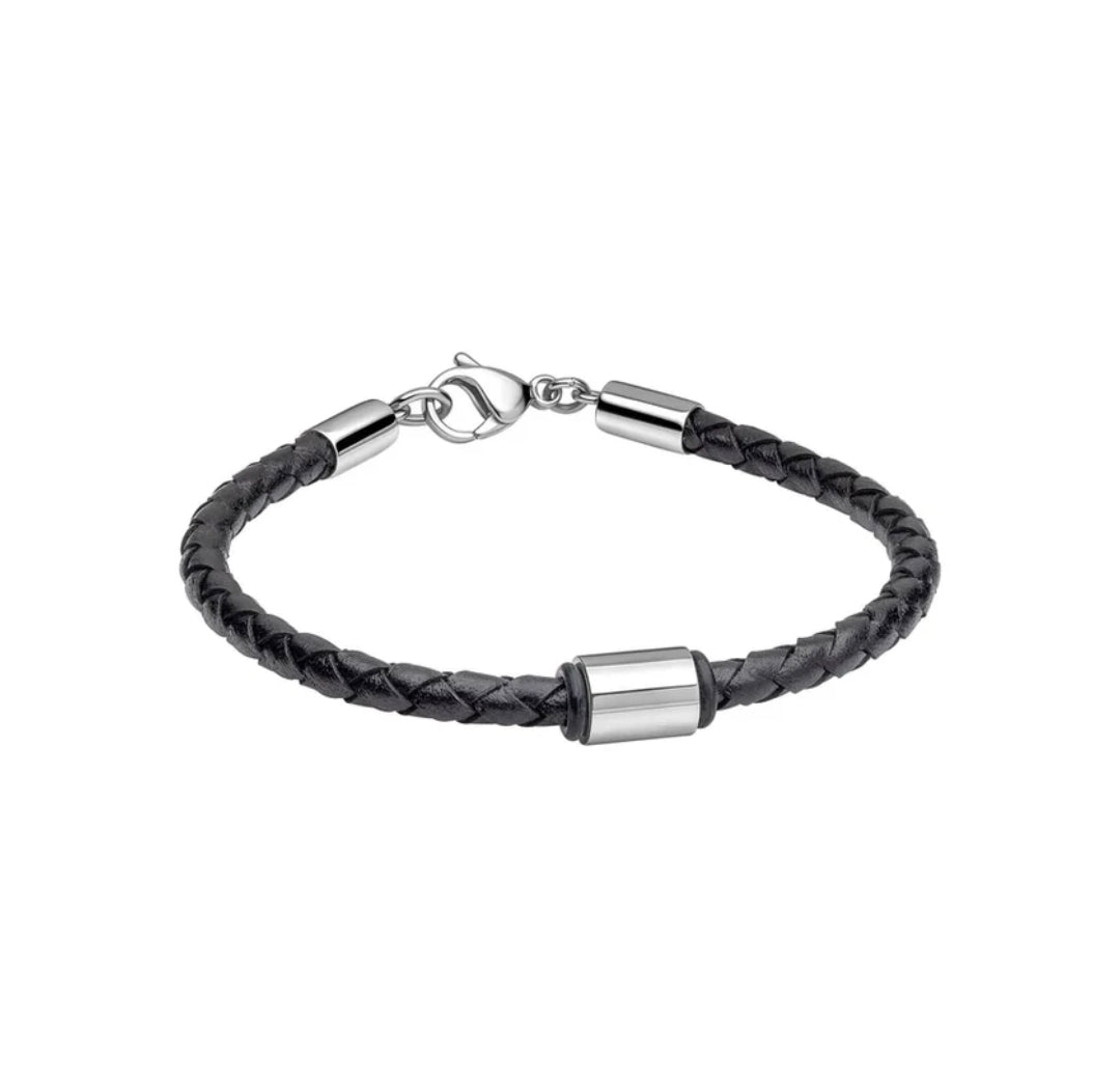 BLACK & SS LEATHER BRACELET SHINY FINISH by FRED BENNETT