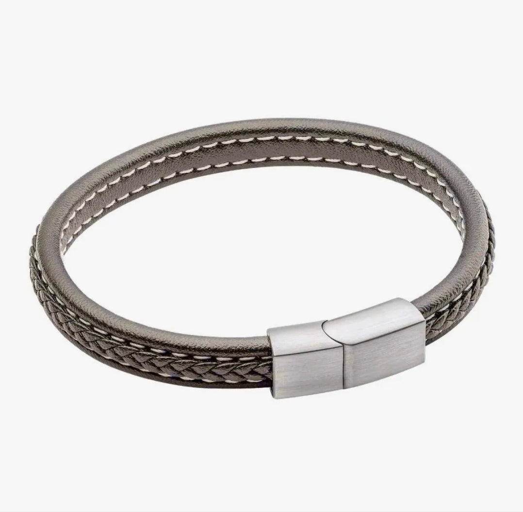 BROWN PLAIT DETAIL LEATHER BRACELET BRUSHED FINISH by FRED BENNETT