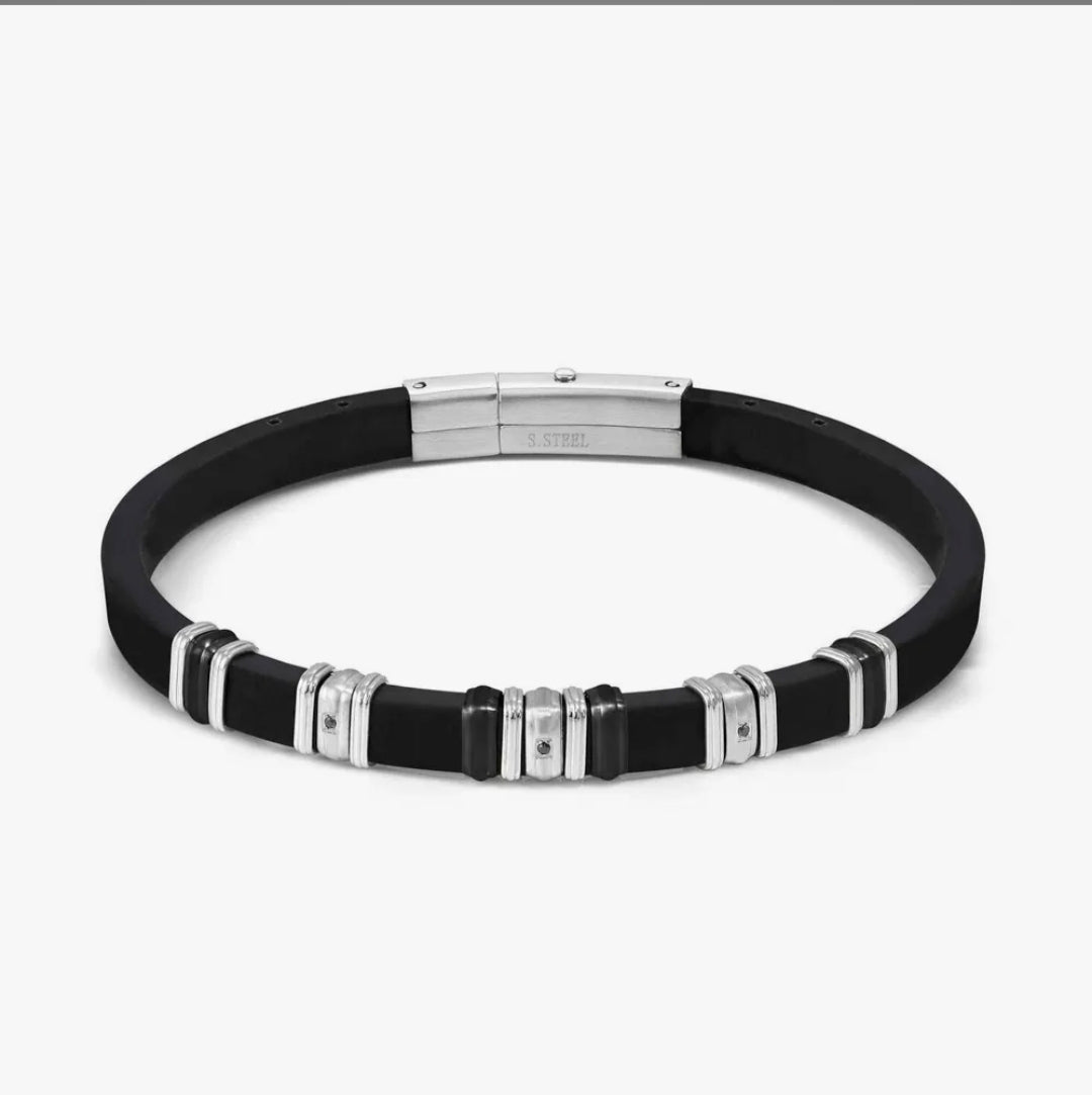 028821/039 City Energy Steel & Rubber Black Detail Zirconia Bracelet
