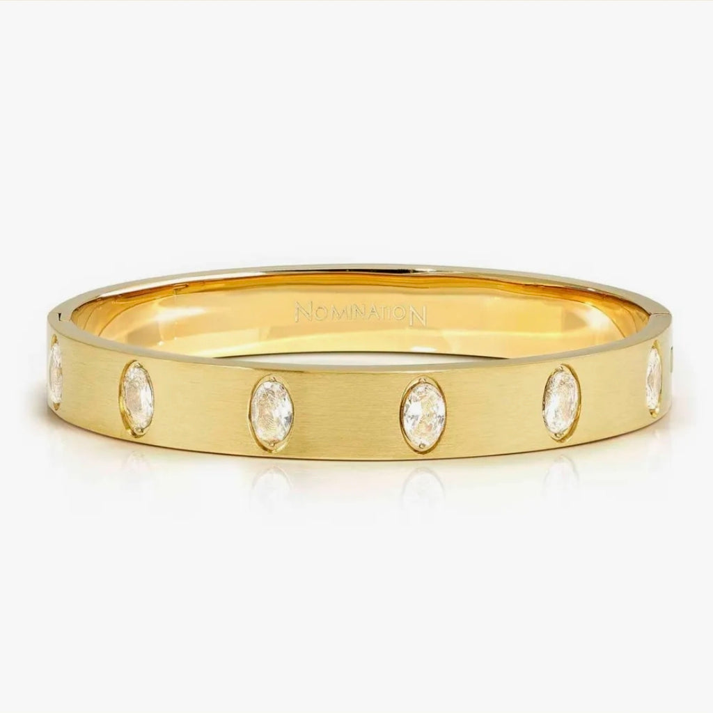 029537/020 NOMINATION WIDE STEEL GOLD TONE SATIN FINISH OVAL WHT CZ SMALL SIZE PRETTY BANGLE