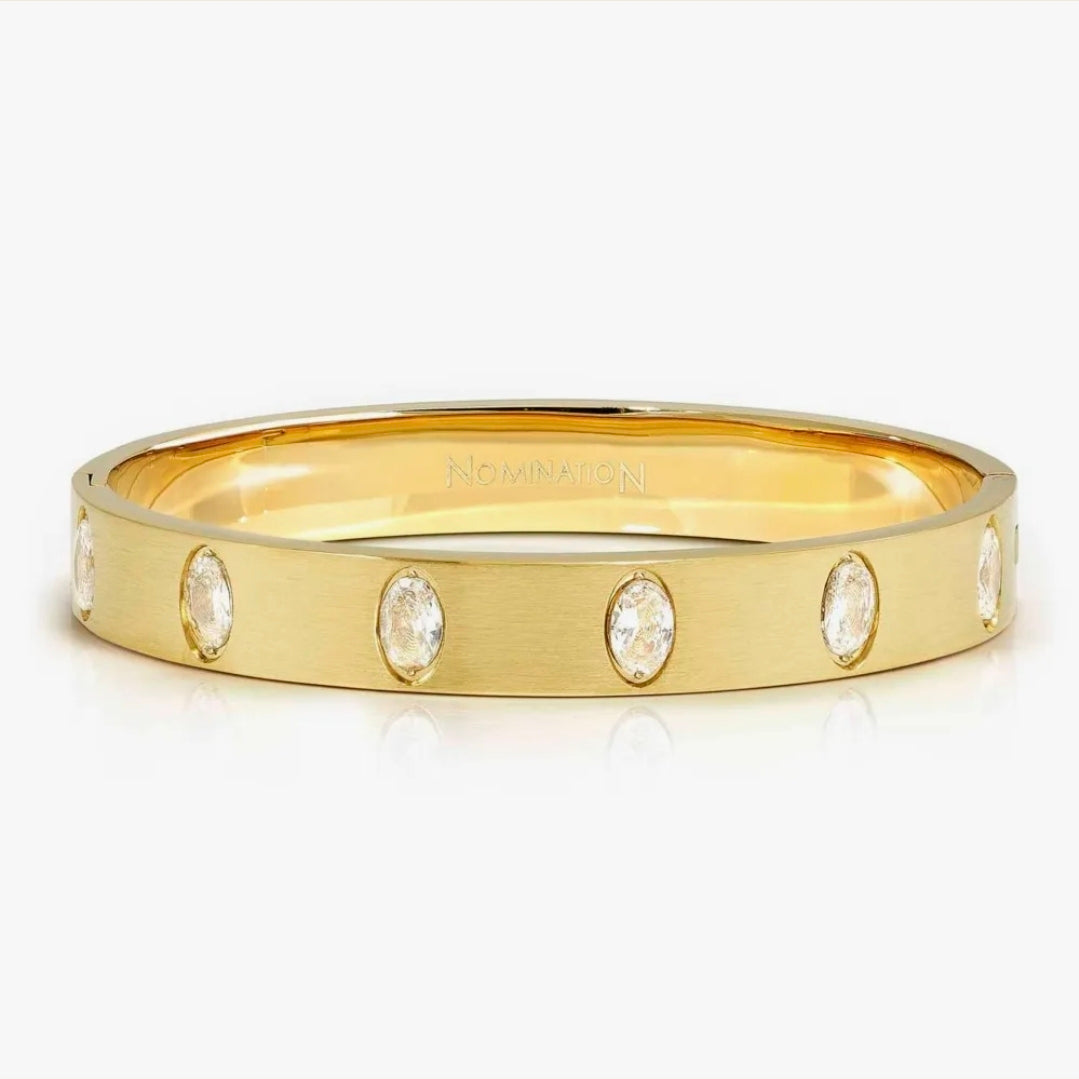 029537/020 NOMINATION WIDE STEEL GOLD TONE SATIN FINISH OVAL WHT CZ SMALL SIZE PRETTY BANGLE