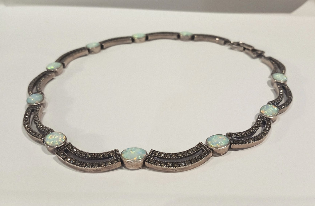 SILVER SYNTHETIC OPAL & MARCASITE SET NECKLET