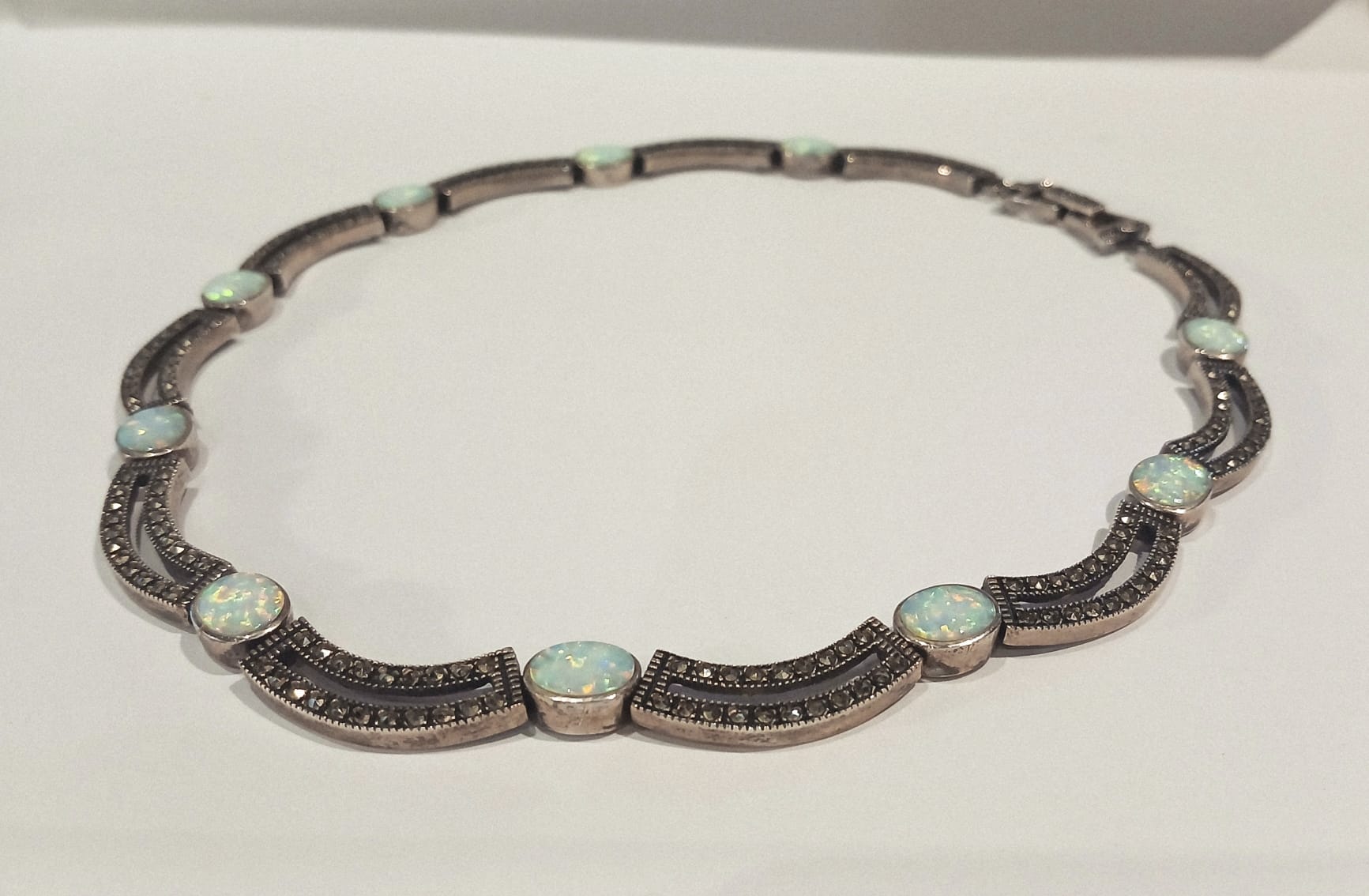 SILVER SYNTHETIC OPAL & MARCASITE SET NECKLET
