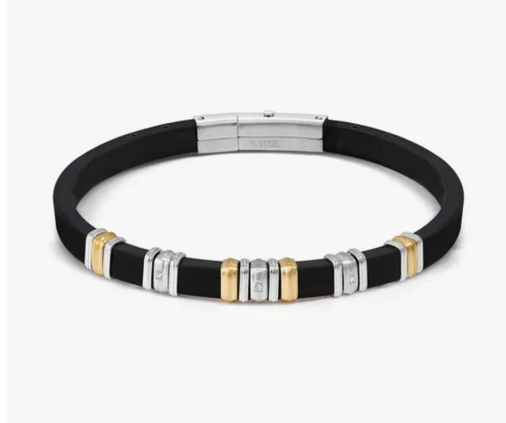 028821/057 City Energy Steel & Rubber Gold Coloured Detail Zirconia Bracelet