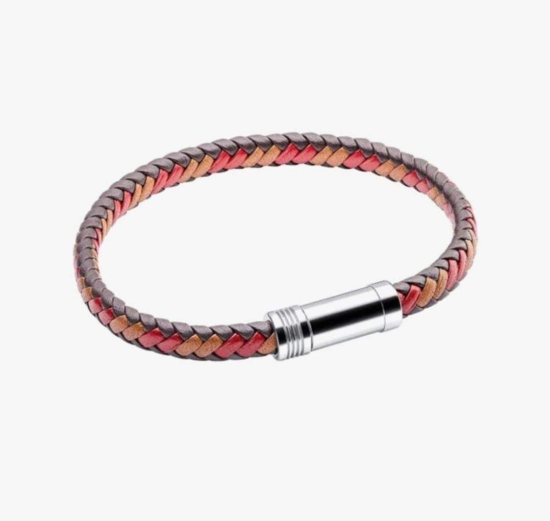 FRED BENNETT MIXED RED TWO TONE WOVEN LEATHER BRACELET