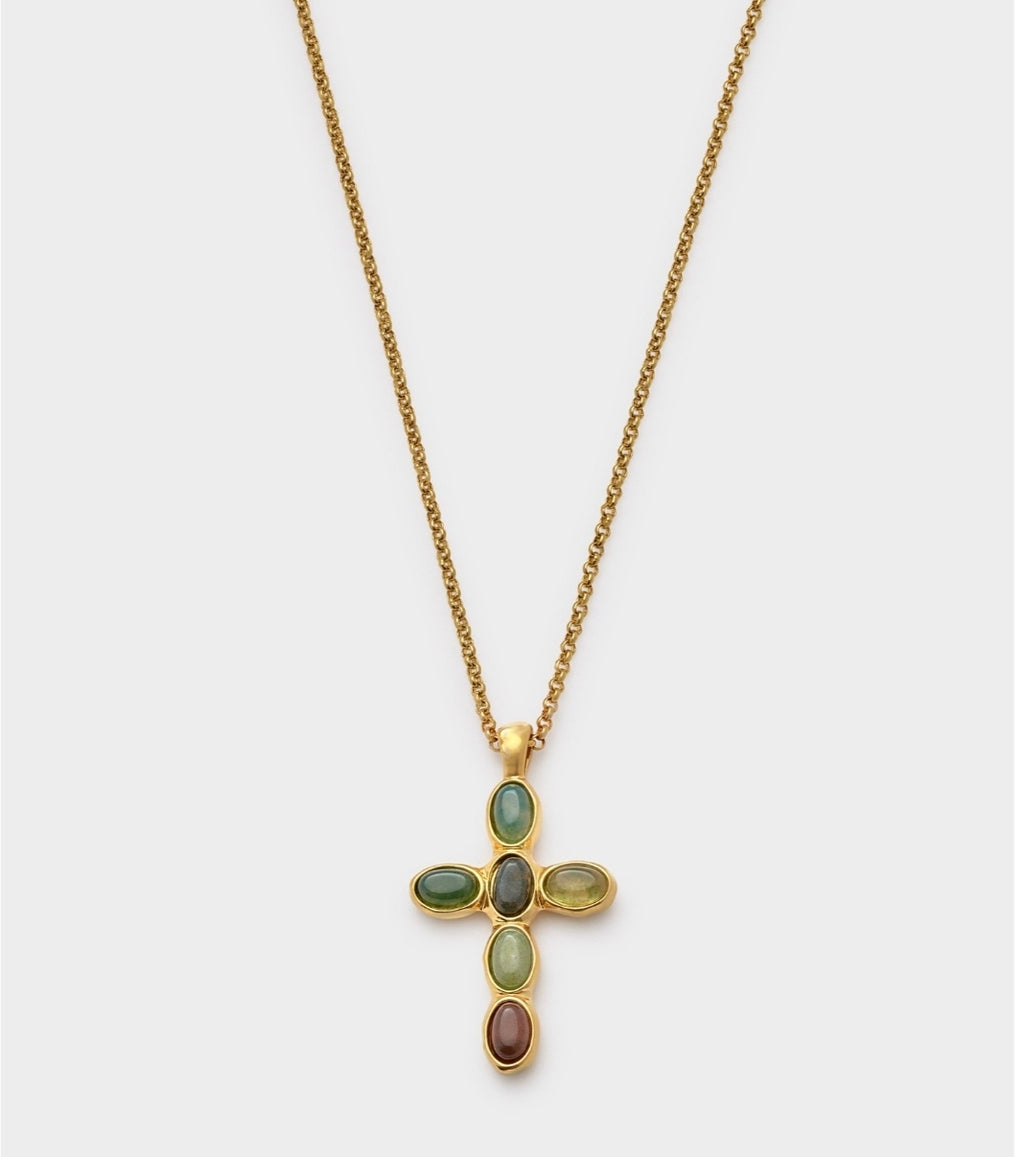 GREEN AGATE CROSS GP NECKLET by KATIE LOXTON