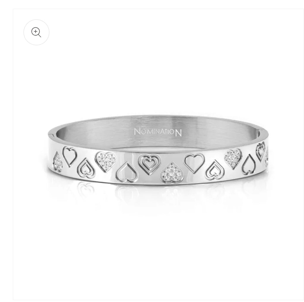 029541/004 NOMINATION WIDE STEEL WHT CZ HEARTS MEDIUM SIZE PRETTY BANGLE