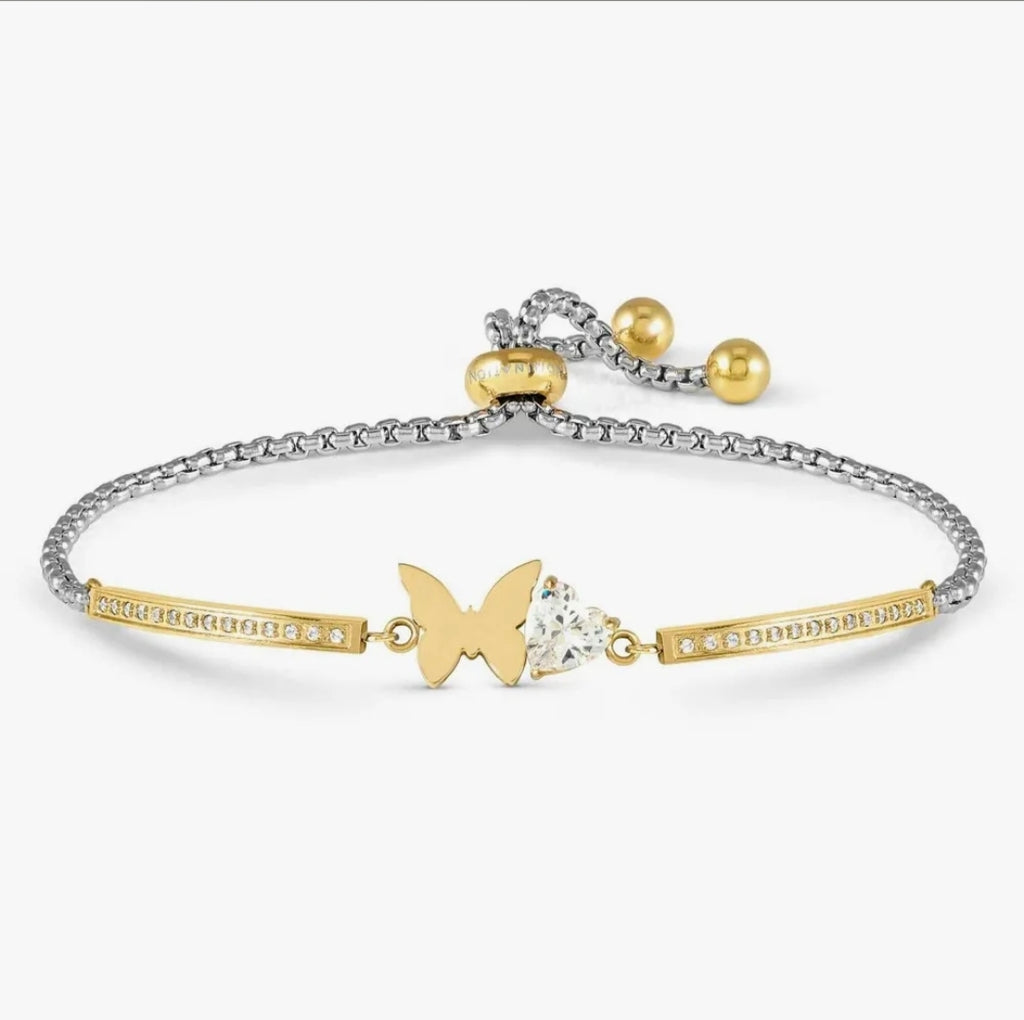 028021/010 SS MILLELUCI SILVER & GOLD TONE STEEL BUTTERFLY CZ HEART TOGGLE BRACELET