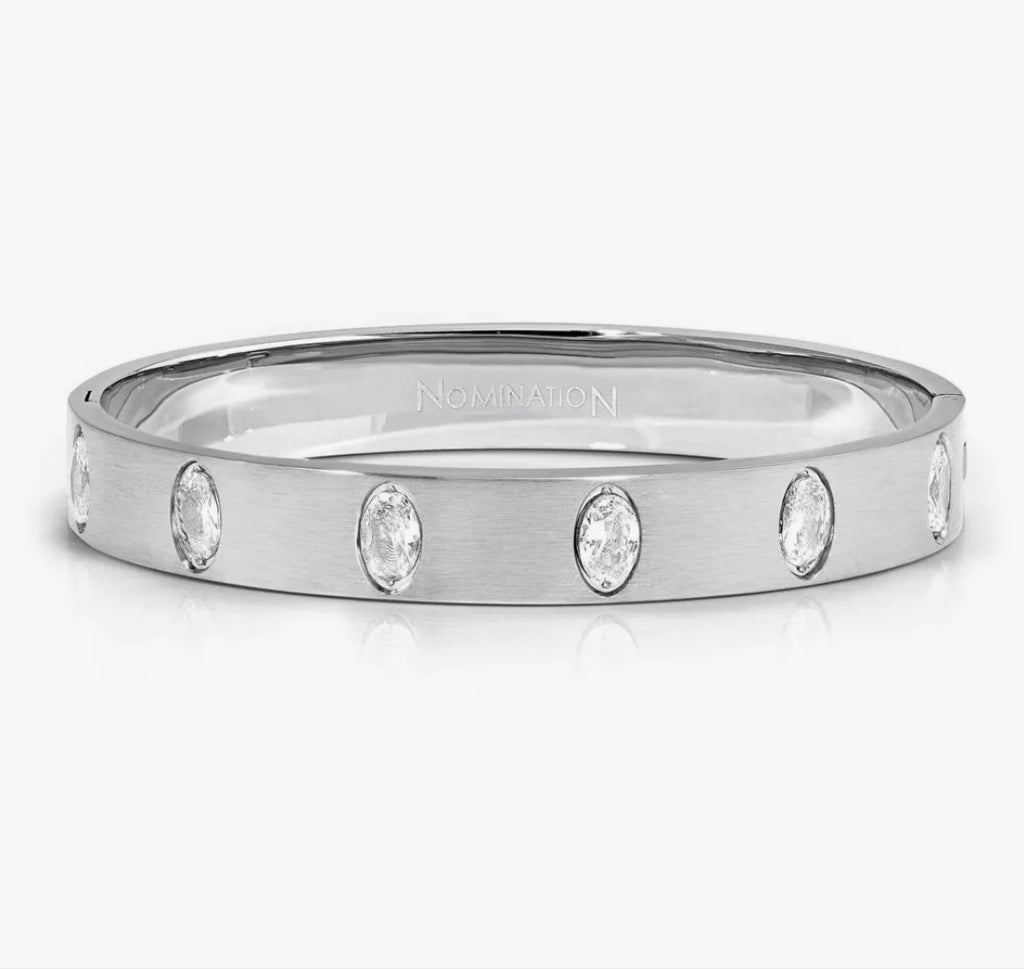 029537/001 NOMINATION WIDE STEEL SATIN FINISH OVAL WHT CZ SMALL SIZE PRETTY BANGLE