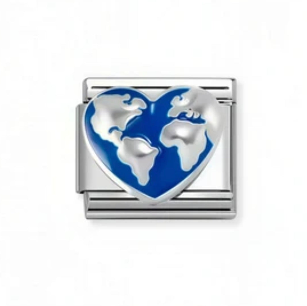 330204/45 Nomination Silver Heart Globe Blue Enamel Charm - SYMBOLS