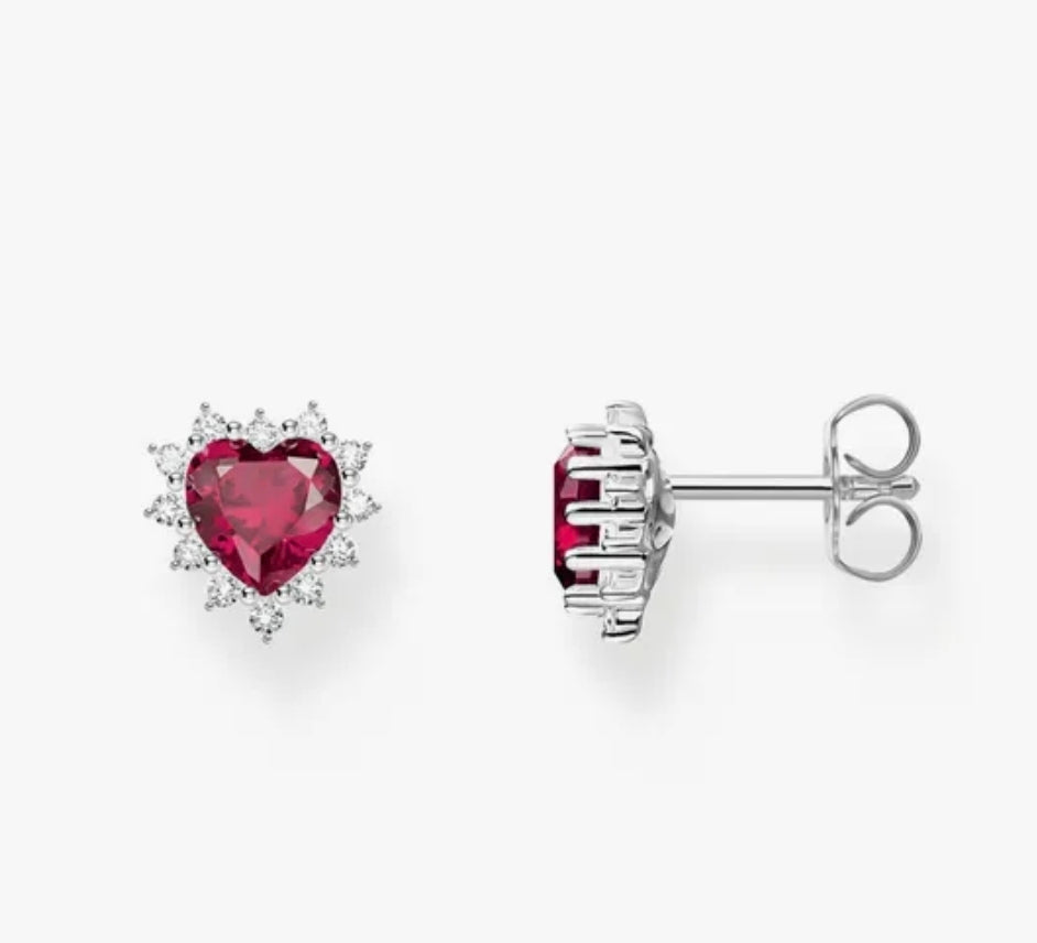 THOMAS SABO SILVER RED CUBIC ZIRCONIA HEART STUD EARRINGS