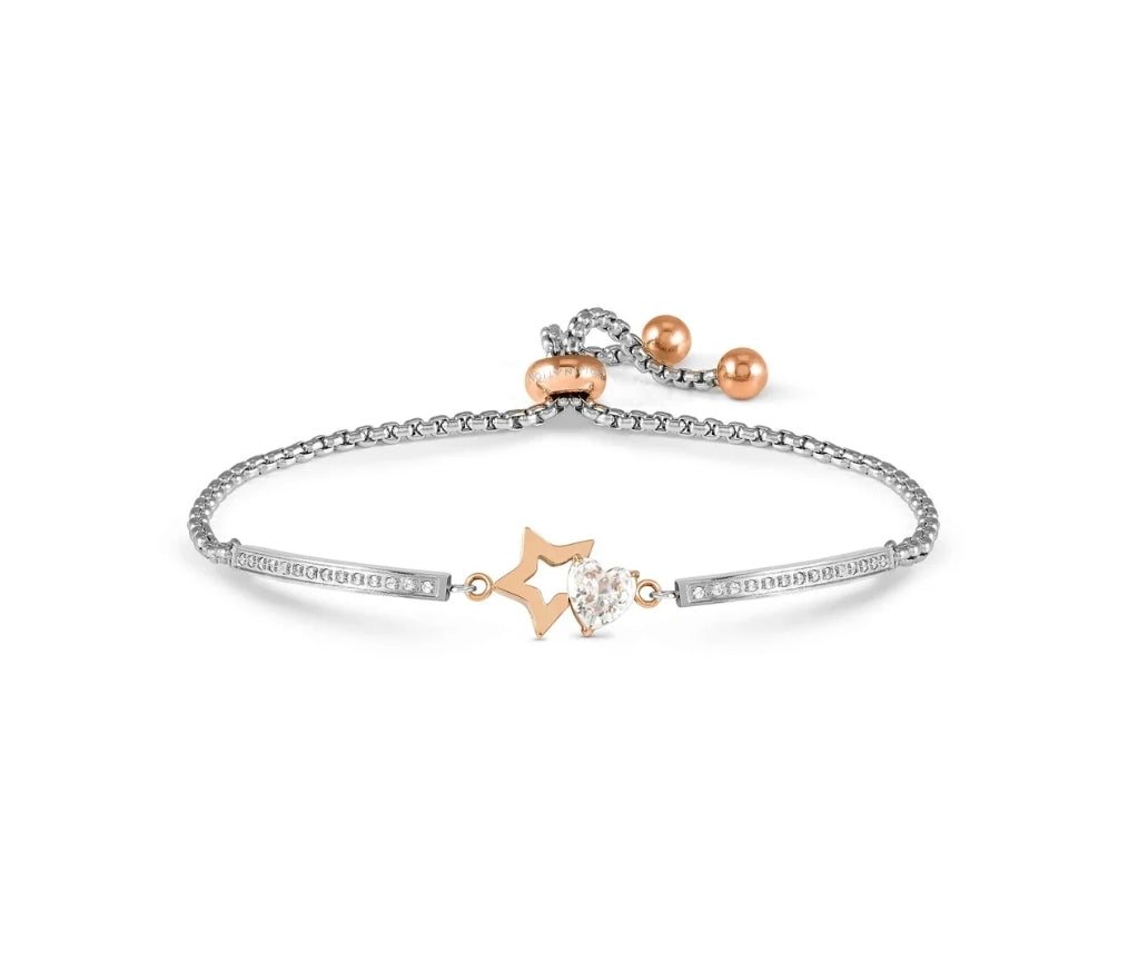 028020/023 SS MILLELUCI SILVER & ROSE GOLD STEEL STAR CZ HEART TOGGLE BRACELET