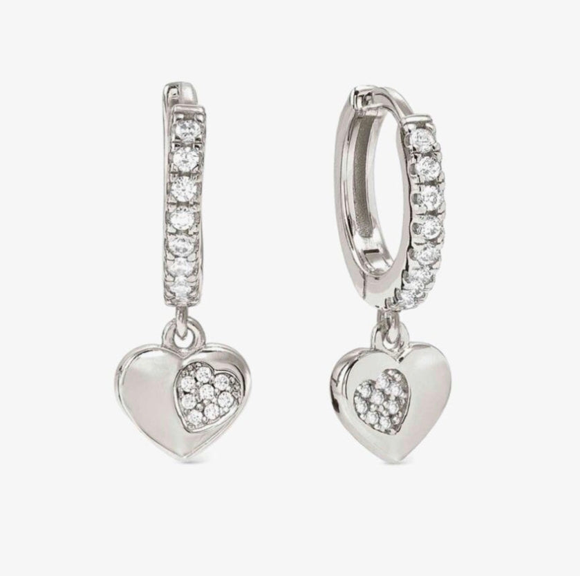 242305/004 Petit Sparkle Silver & Zirconia Heart Hoop Drop Earrings