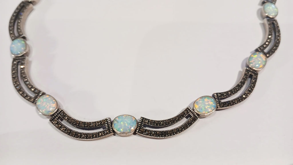 SILVER SYNTHETIC OPAL & MARCASITE SET NECKLET