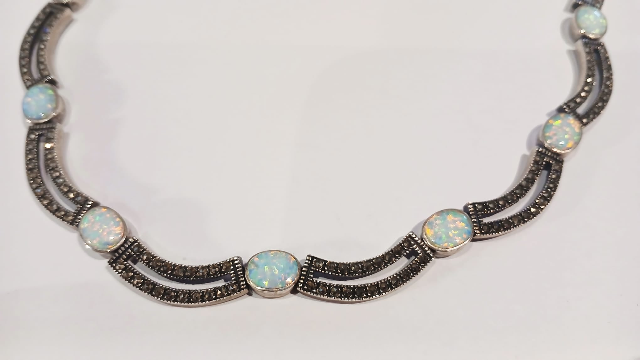 SILVER SYNTHETIC OPAL & MARCASITE SET NECKLET