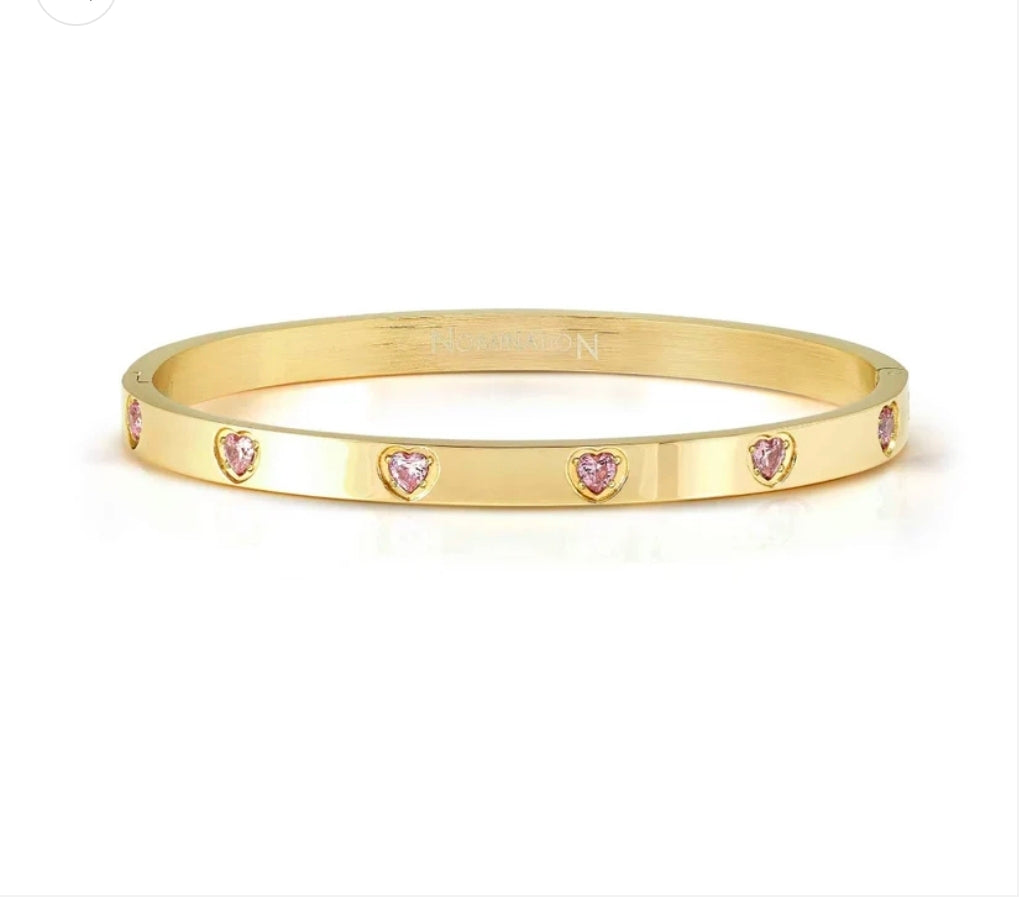 029529/021 NOMINATION STEEL GOLD FINISH PNK CZ HEART MEDIUM SIZE PRETTY BANGLE
