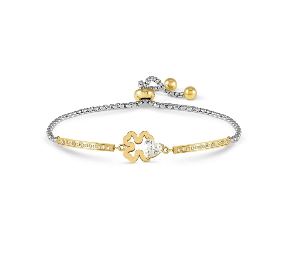 028021/006 SS MILLELUCI SILVER & GOLD TONE STEEL FOUR LEAF CLOVER CZ HEART TOGGLE BRACELET