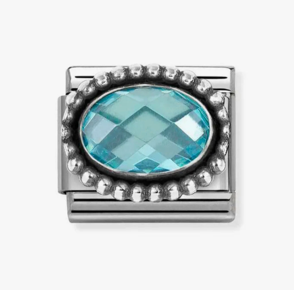 330607/006 NOMINATION OVAL LIGHT BLUE CZ OXIDISED BEADED RICH SETTING CHARM