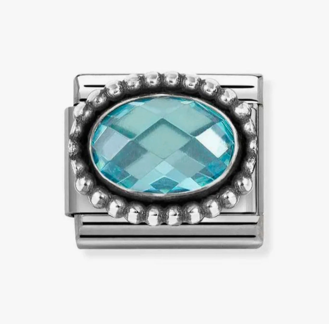 330607/006 NOMINATION OVAL LIGHT BLUE CZ OXIDISED BEADED RICH SETTING CHARM