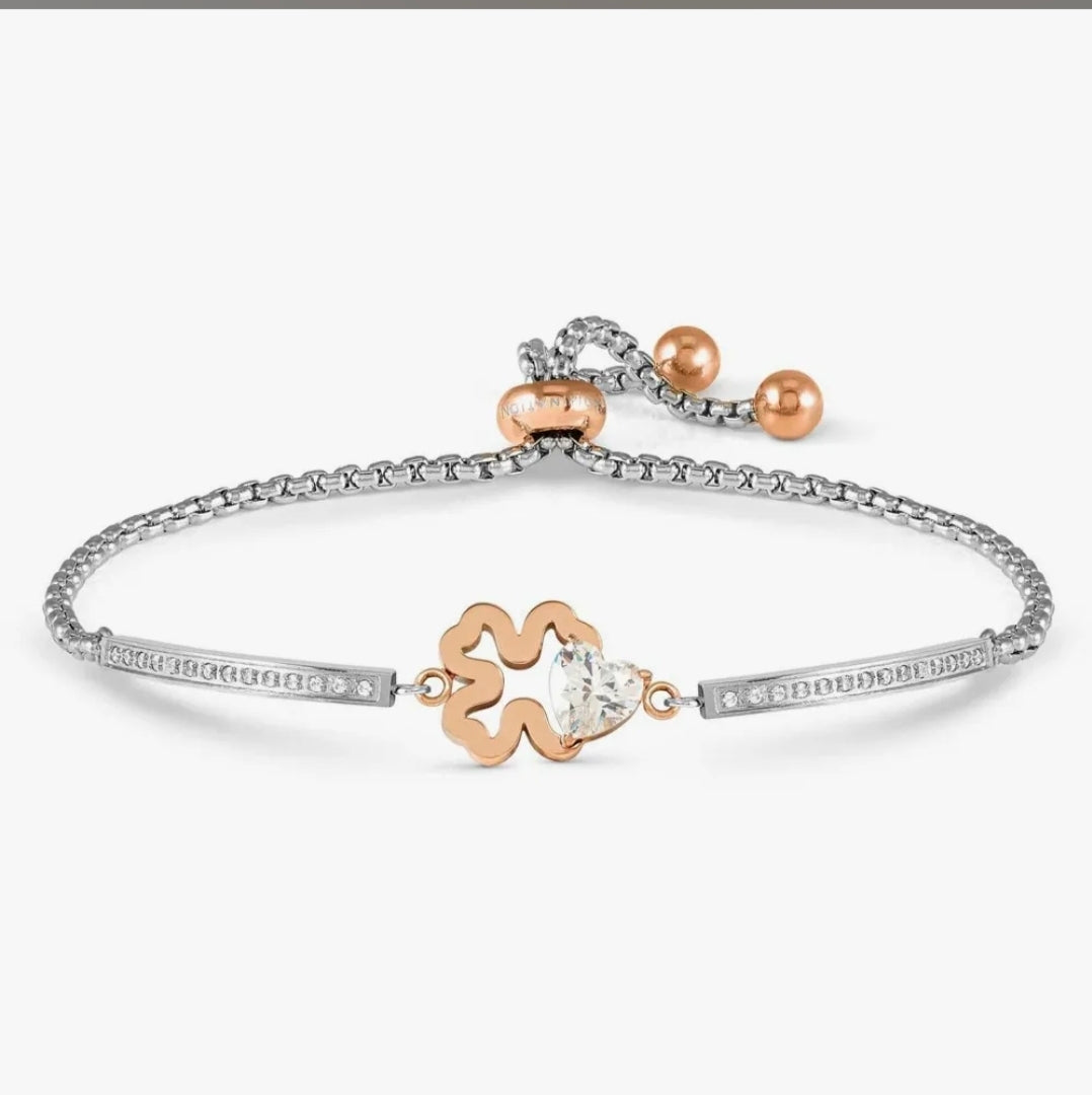 028020/006 SS MILLELUCI SILVER & ROSE GOLD STEEL FOUR LEAF CLOVER CZ HEART TOGGLE BRACELET