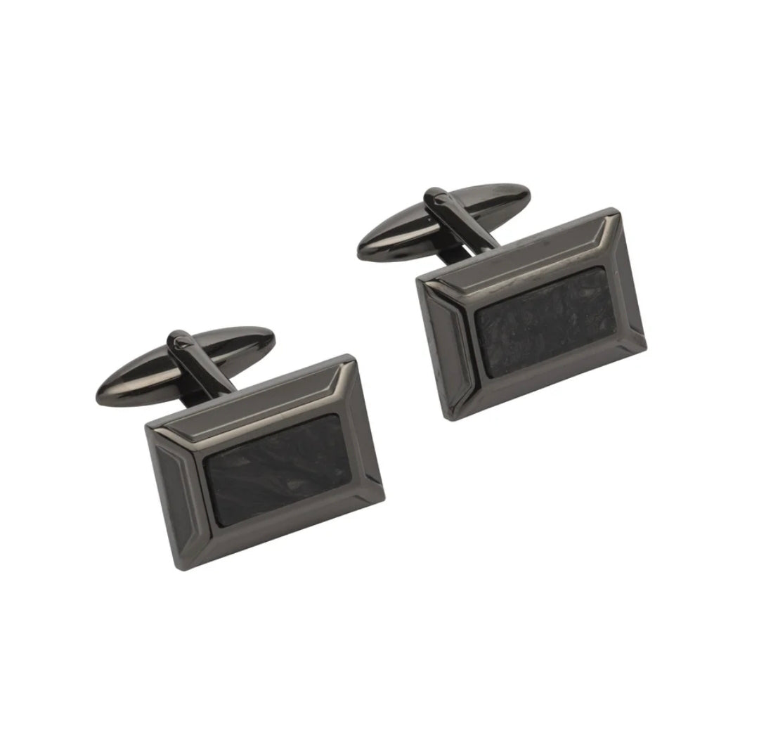 STAINLESS RECT CARBON FIBRE CENTRE GUN METAL PLATE CUFFLINKS
