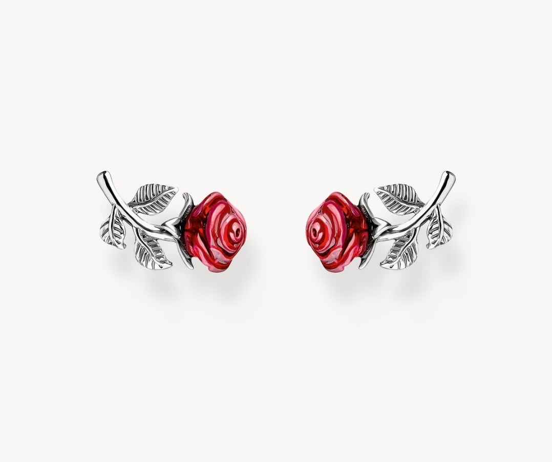 THOMAS SABO SILVER RED ROSE STUD EARRINGS