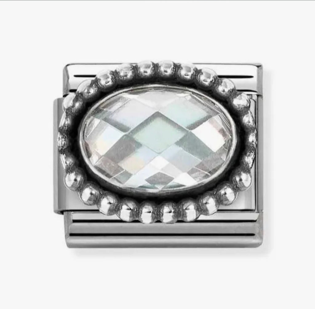 330607/010 NOMINATION OVAL WHITE CZ OXIDISED BEADED RICH SETTING CHARM