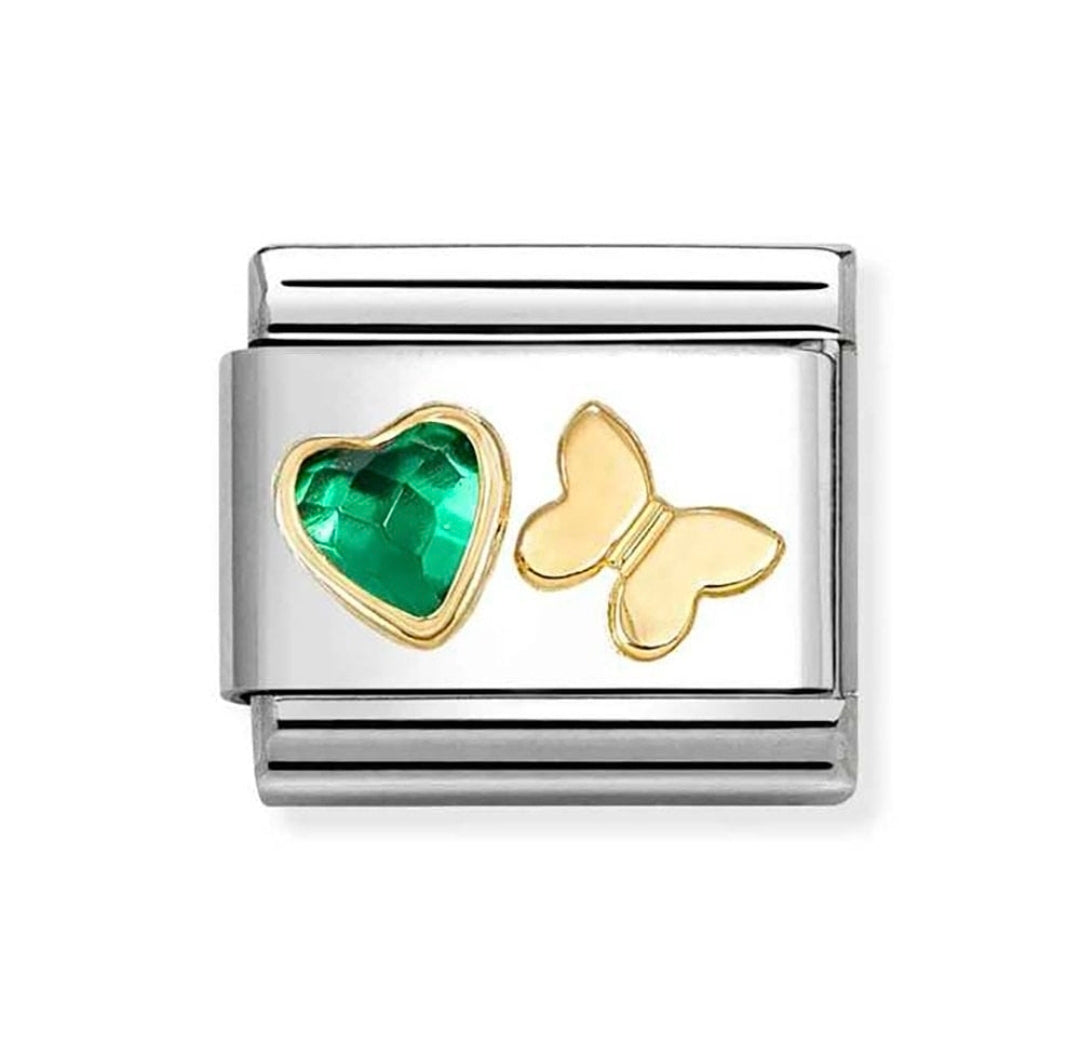 030613/15 NOMINATION GREEN CZ HEART & GOLD BUTTERFLY CHARM