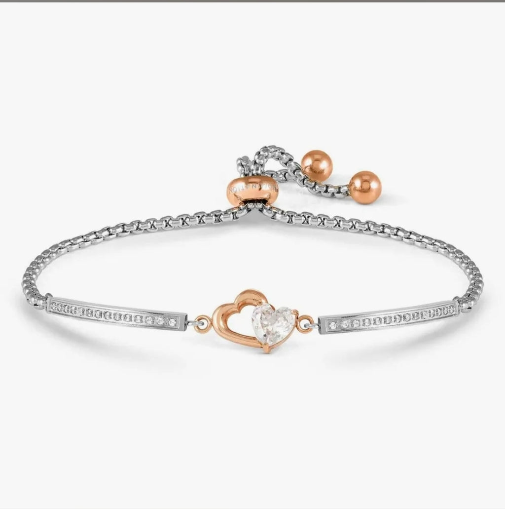 028020/022 SS MILLELUCI SILVER & ROSE GOLD SS DOUBLE CZ HEART TOGGLE BRACELET